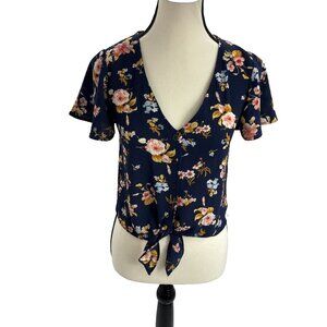 Arizona Jean Womens Size XS Navy Blue Floral Tie Front Blouse Short Sleeve Top